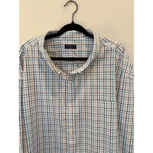 Double Pump Mens 5XL Long Sleeve Plaid Button Down Shirt Blue Tan White Cotton
